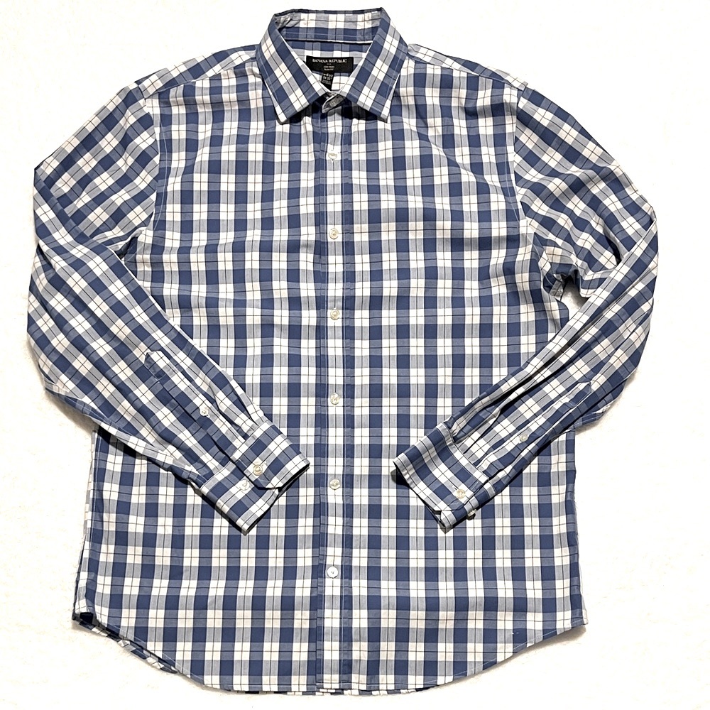 Banana Republic Blue and White Plaid Men's Long Sleeve Dress Shirt Slim Fit L